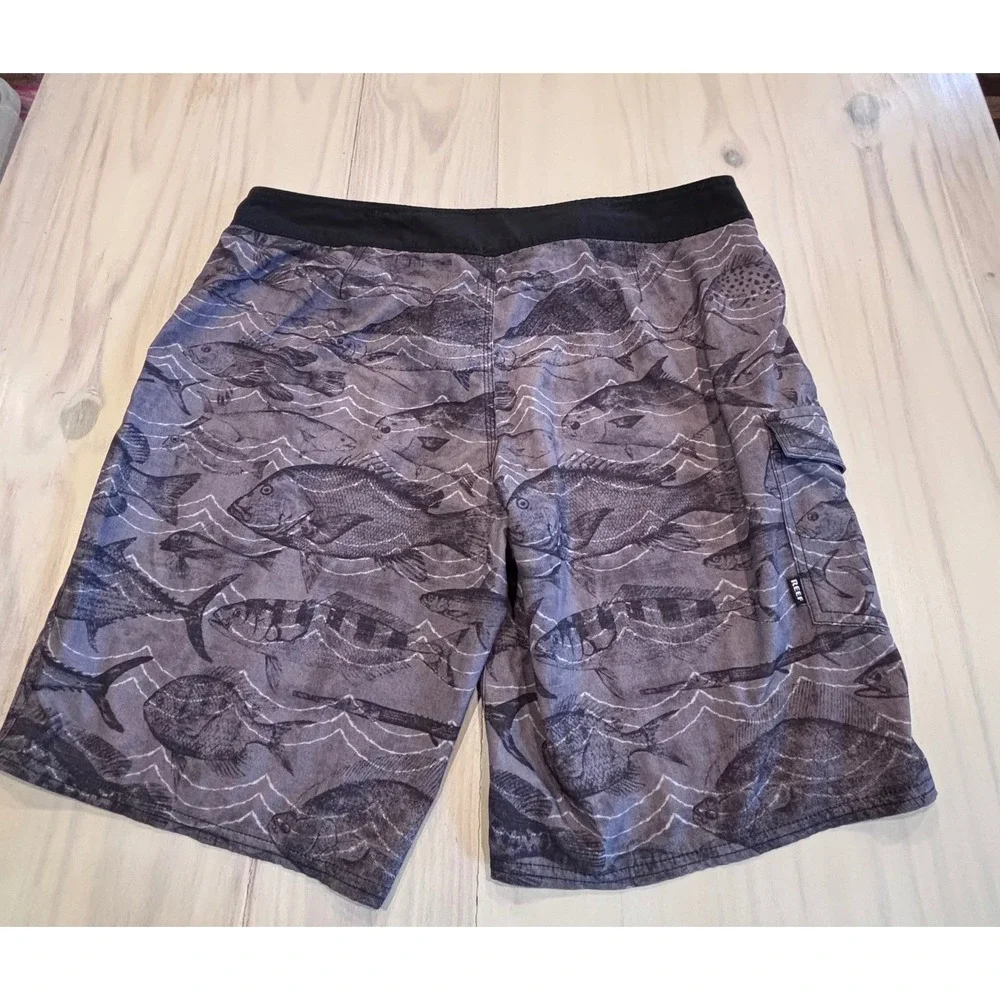Reef Mens Fish Print Board Shorts Gray Black Performance‎ Surf Swim Trunks 36-37